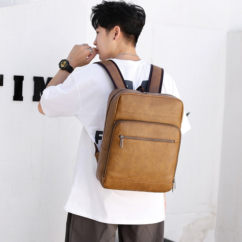 Backpack Men's PU Leather Retro Back Pack Male Multifunctional Business Laptop Bag European American Fashion Student School Bag