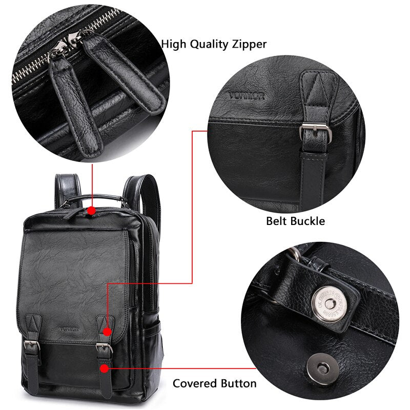 VORMOR Famous Brand Fashion Preppy Style Men School Backpack For Teenage Solid Black Leather Backpack Travel Backpack Bag