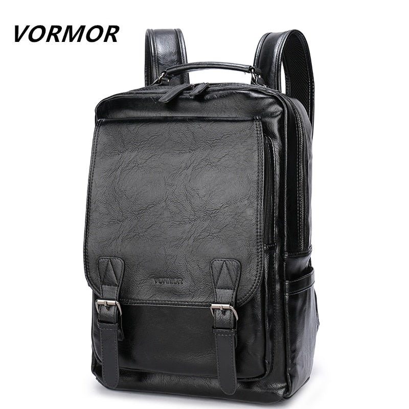 VORMOR Famous Brand Fashion Preppy Style Men School Backpack For Teenage Solid Black Leather Backpack Travel Backpack Bag