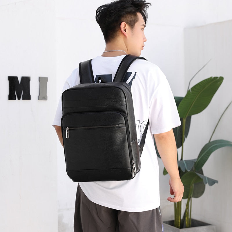 Backpack Men's PU Leather Retro Back Pack Male Multifunctional Business Laptop Bag European American Fashion Student School Bag