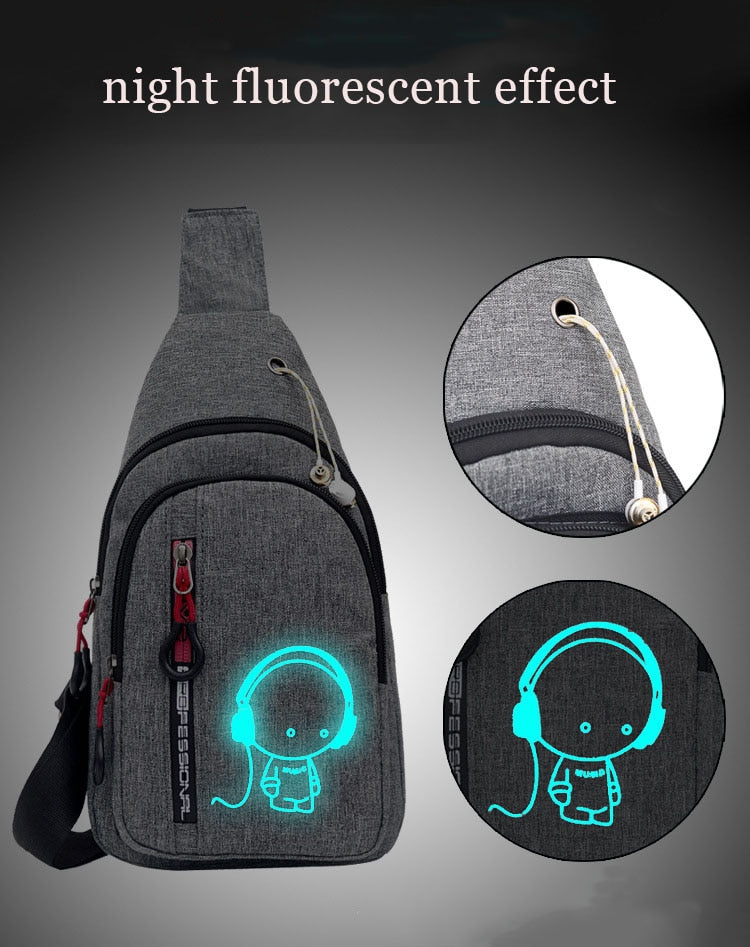 Men And Women With The Same Casual Nylon Chest Bag Messenger Bag Luminous Pattern Bag Outdoor Sports With Earphone Hole